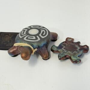 Raku Fetish Turtle & Flat Turtle Magnet Signed Jeremy Diller Studio Pottery NWT